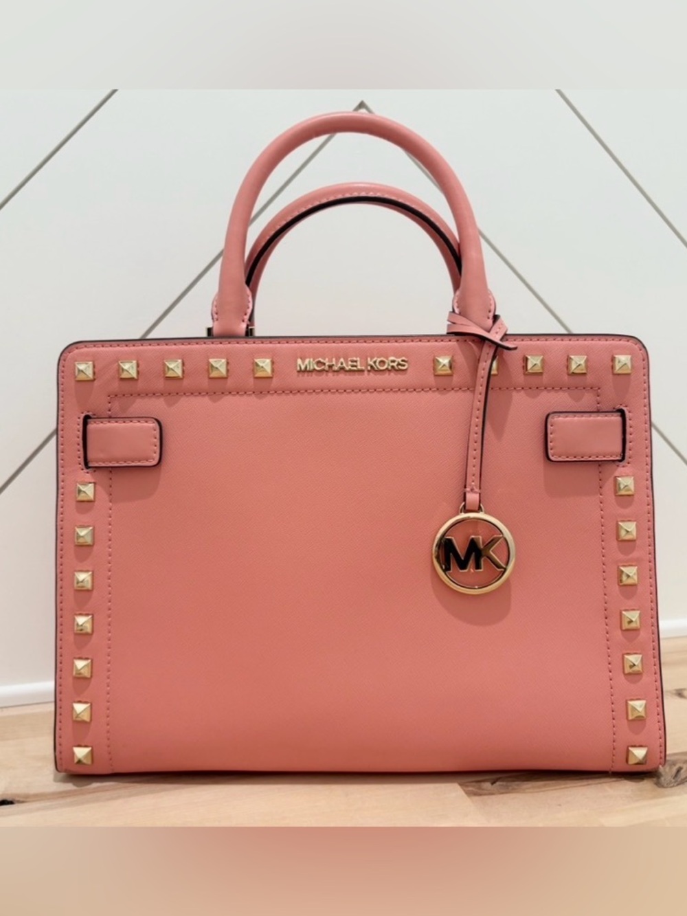 Michael Kors Coral Pink Saffiano Studded Satchel